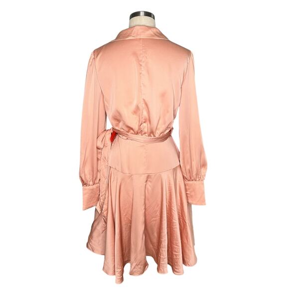 MAC DUGGAL Salmon A-Line Satin Long Sleeve Mini Dress Pink Wrap Small - Picture 5 of 10